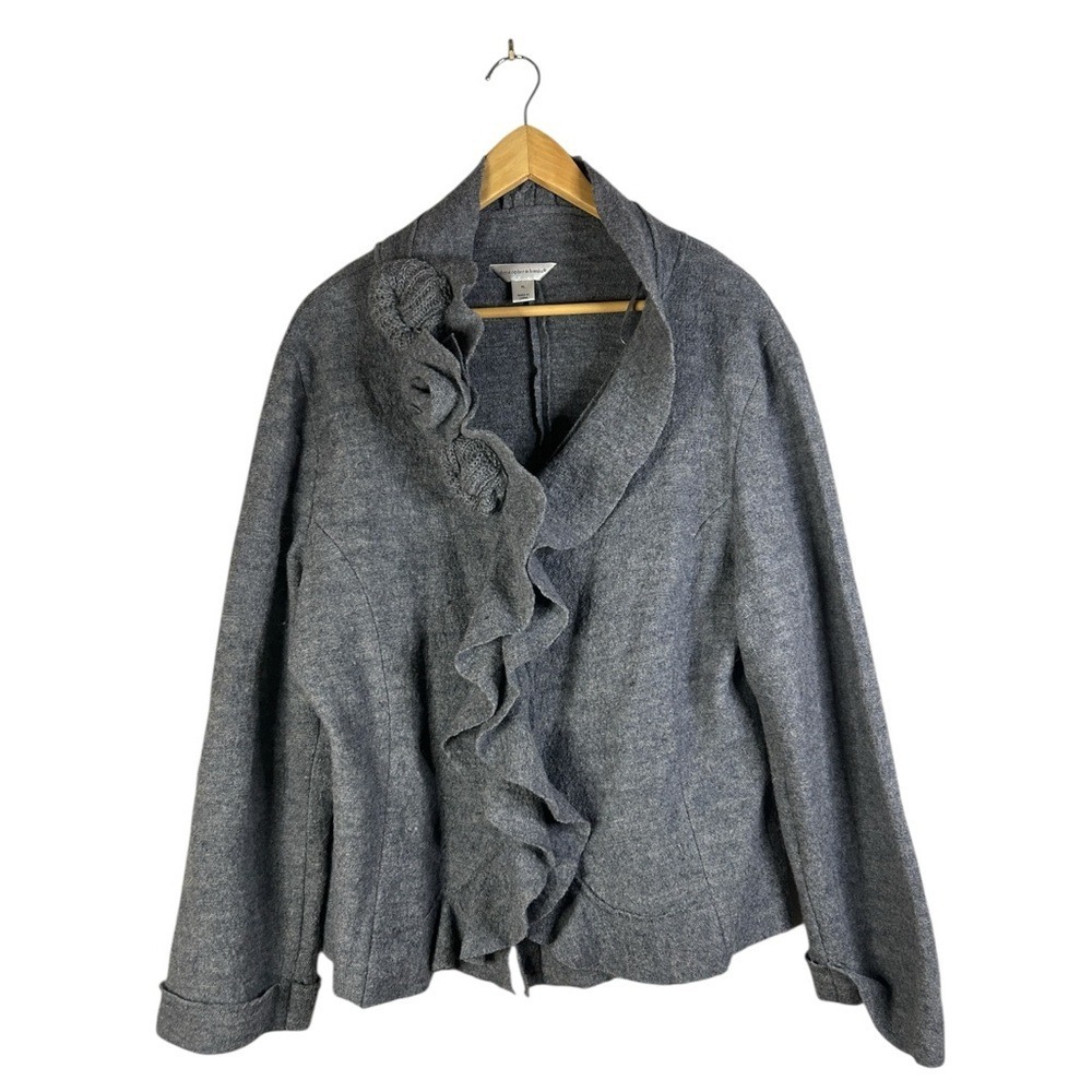 Wool Cardigan Cottagecore Ruffle Rosette Hem Lagenlook Tailored Soft Sweater 90s - Picture 2 of 8